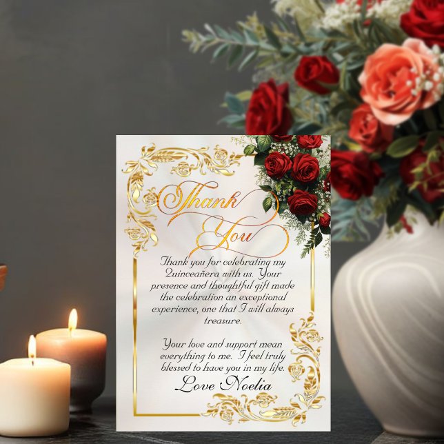 Roses, Gold Leaves & Tiara - Pearl Quinceanera Thank You Card (Creator Uploaded)