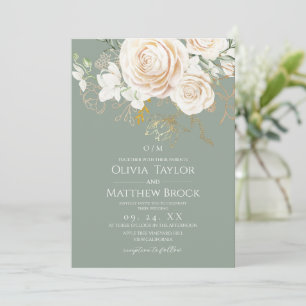 Roses Gold & Sage Green Floral Wedding Invitation