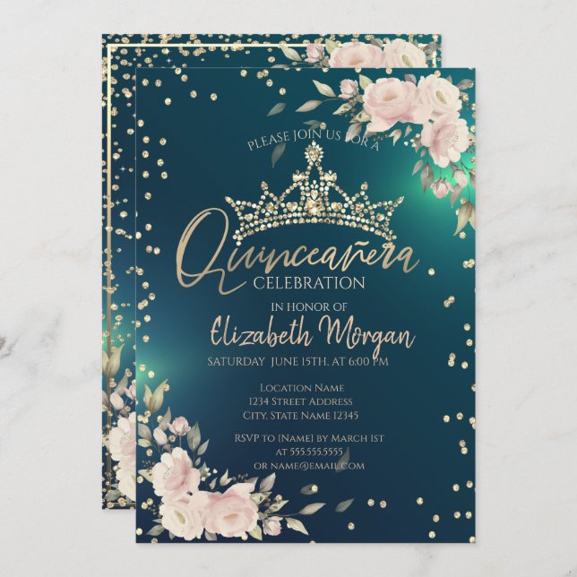 Roses,Gold Tiara,Diamonds Green Quinceañera   Invitation (Front/Back)