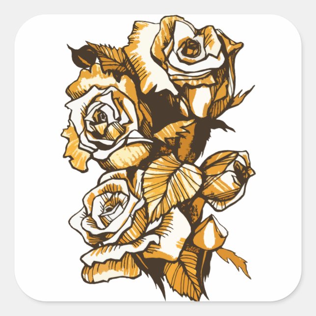 Roses, graphic floral art, blooming rose flowers square sticker (Front)