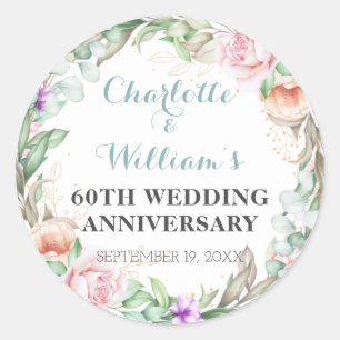 Roses Greenery 60th Diamond Wedding Anniversary Classic Round Sticker