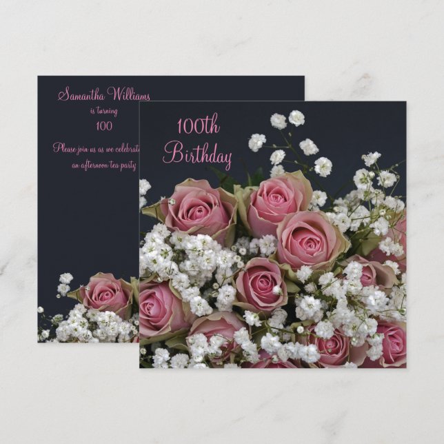 Roses & Gypsophila Bouquet 100th Birthday Invitation (Front/Back)