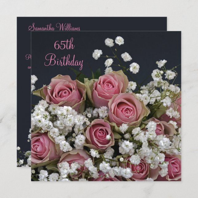 Roses & Gypsophila Bouquet 65th Birthday Invitation (Front/Back)