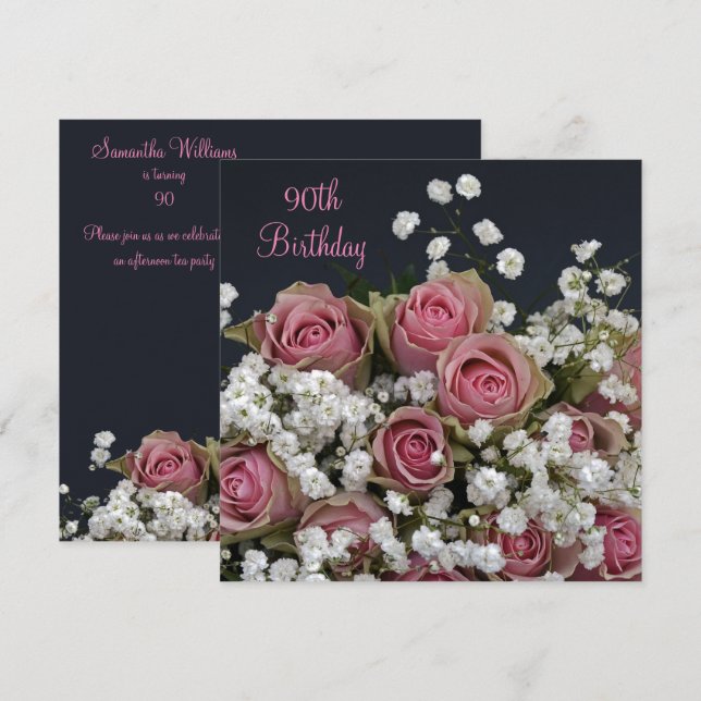 Roses & Gypsophila Bouquet 90th Birthday Invitation (Front/Back)