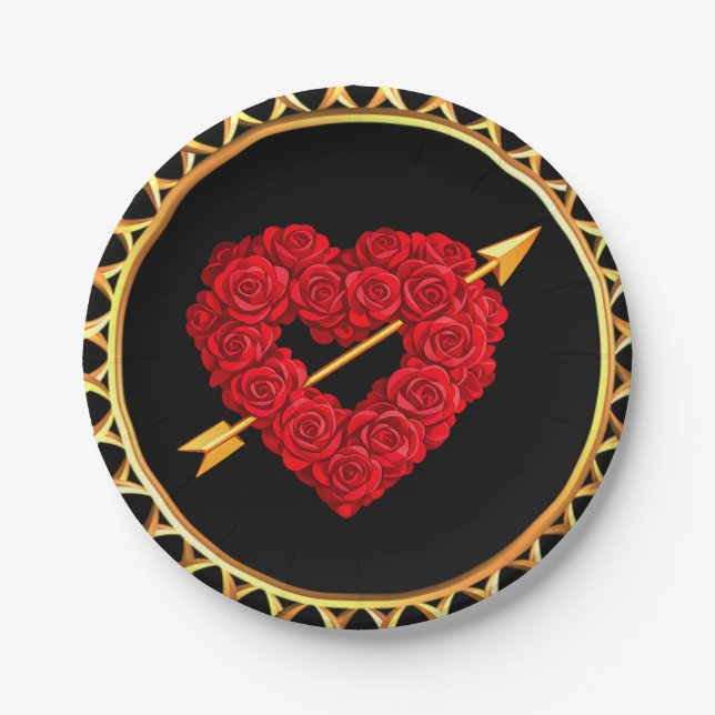 Roses, Heart and Arrow Paper Party Plates (Front)