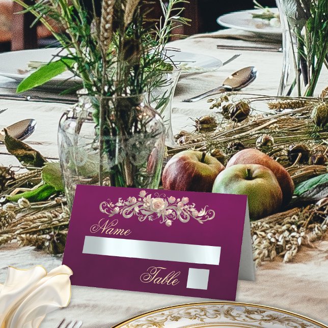 Roses & Heart Monogram - Plum Place Card (Creator Uploaded)