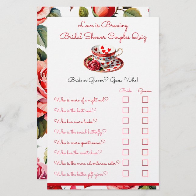 Roses & Hearts Couple Quiz Shower Game (Front/Back)
