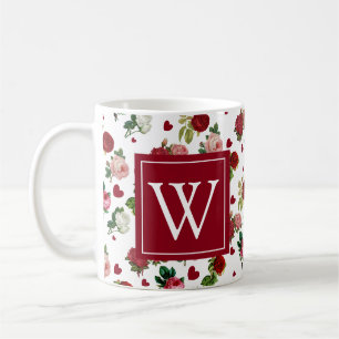 Roses Hearts Initial Monogram Floral Coffee Mug