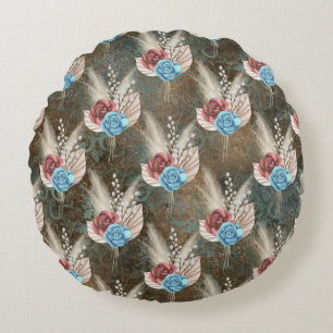 Roses in a Fleur De Lis Background Round Cushion