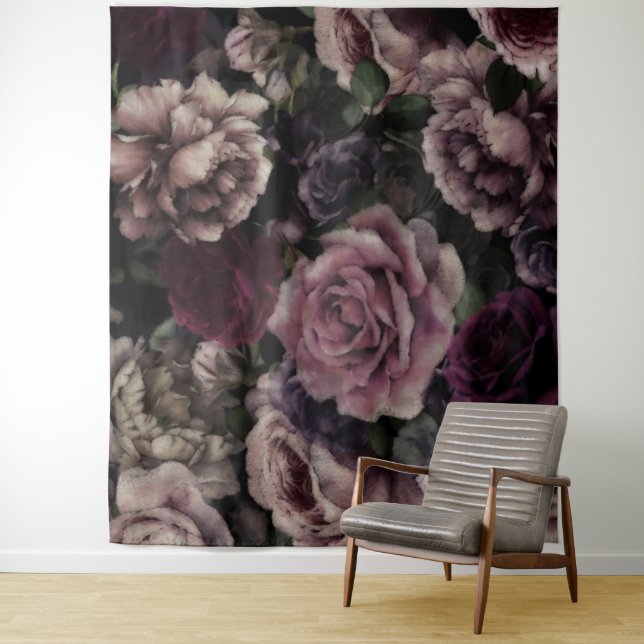 Roses In Burgundy And Pink Vintage Botanical Tapestry (In Situ)