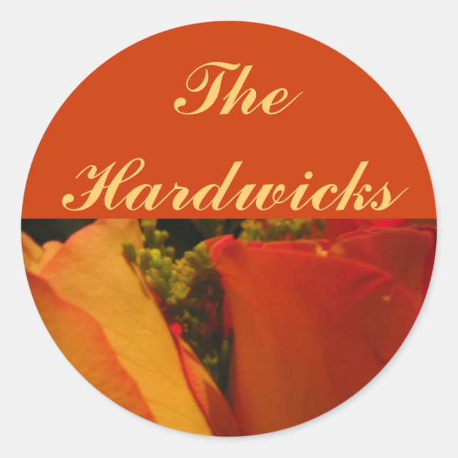 "Roses in Golden Orange and Yellow" [b] Classic Round Sticker (Front)