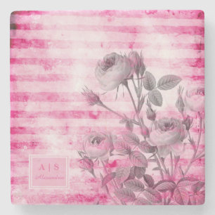 Roses in Hot Pink Background Floral Monogram Stone Coaster