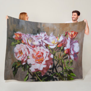 Roses in Pavlovsk – Elegant Oil Painting of Pink Fleece Blanket