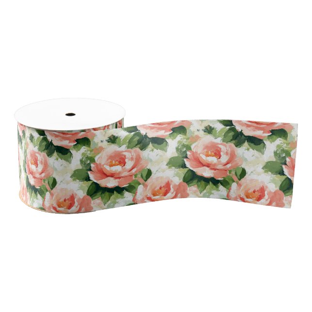 Roses in Peach Pink Pattern Grosgrain Ribbon (Spool)