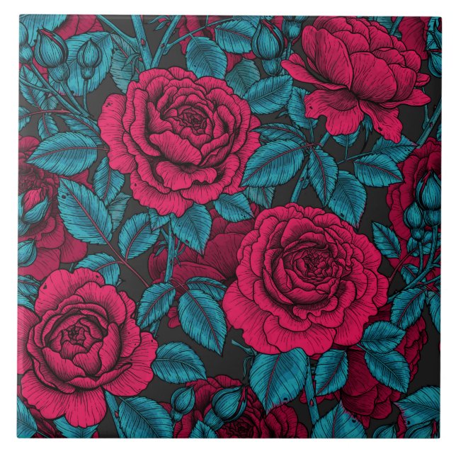 Roses in red and blue ceramic tile (Front)