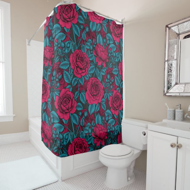 Roses in red and blue shower curtain (In Situ)