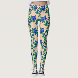 Roses In Striking Electric Blue With Green Leaves Leggings
