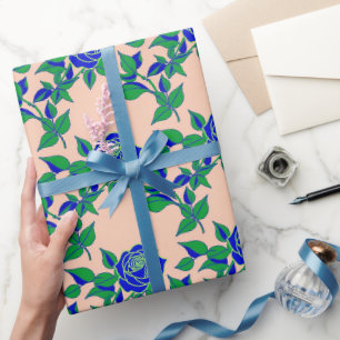 Roses In Striking Electric Blue With Green Leaves Wrapping Paper