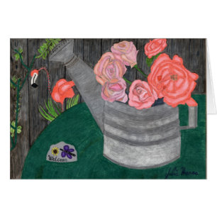 Roses In The Watering Can Card by Julia Hanna