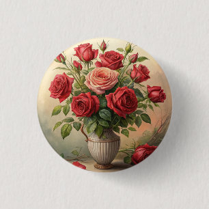 Roses in vase 3 cm round badge