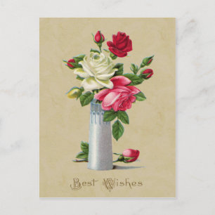 Roses in Vase Best Wishes Vintage Reproduction Postcard