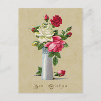 Roses in Vase Best Wishes Vintage Reproduction Postcard