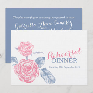 Roses ink sketch blue pink rehearsal dinner invite