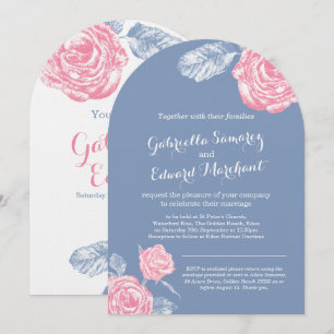 Roses ink sketch blue pink wedding invitation