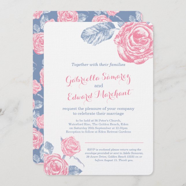 Roses ink sketch blue pink wedding portrait invite (Front/Back)