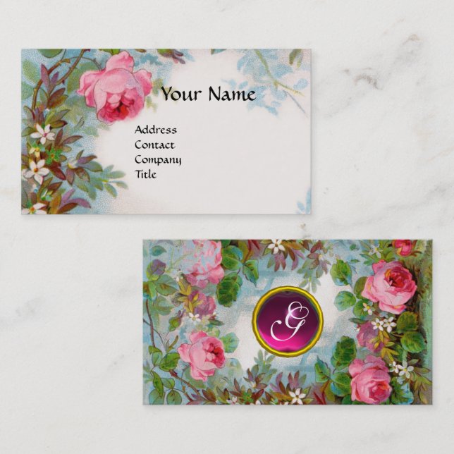 ROSES,JASMINES IN BLUE, PINK GEM MONOGRAM White Business Card (Front/Back)