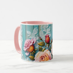 Roses Lace and Painted Blue Distressed Wood Mug