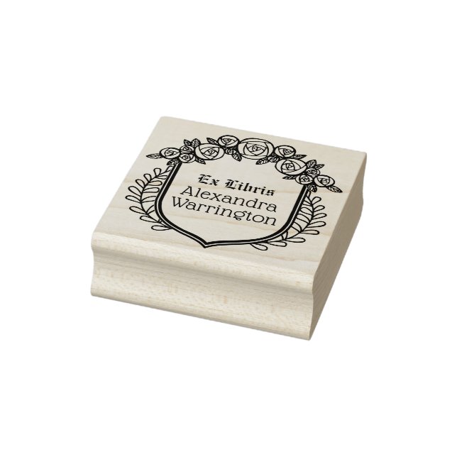 Roses & Leaves Crest Ex Libris Library Book Name Rubber Stamp (Stamp)
