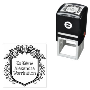Roses & Leaves Crest Ex Libris Library Book Name Self-inking Stamp