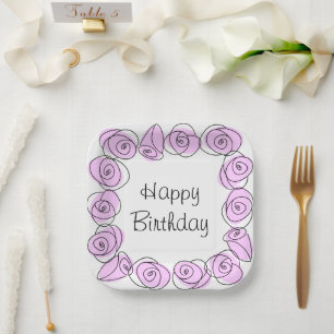 Roses Lilac Square Birthday Paper Plate