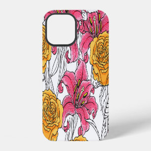 Roses Lilies Hand Drawn Pattern iPhone 12 Case