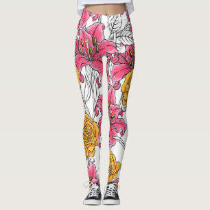 Roses Lilies Hand Drawn Pattern Leggings