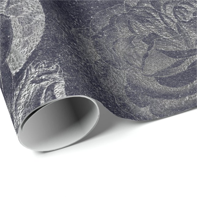 Roses  Metallic Floral Cement Grey Black Wall Wrapping Paper (Roll Corner)