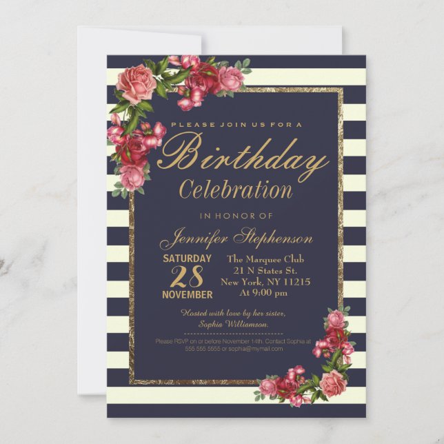 Roses Navy Stripes and Gold Birthday Party Invitation (Front)