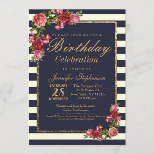Roses Navy Stripes and Gold Birthday Party Invitation