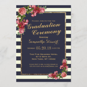Roses Navy Stripes and Gold Graduation Ceremony Invitation