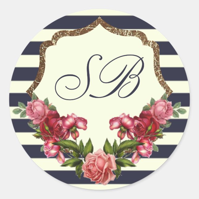 Roses Navy Stripes and Gold Monogram Stickers (Front)
