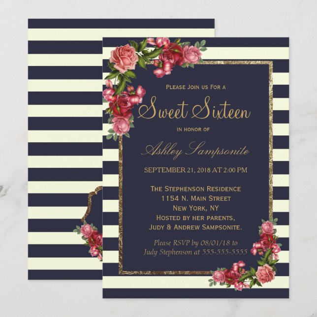 Roses Navy Stripes and Gold Sweet 16 Invitations (Front/Back)