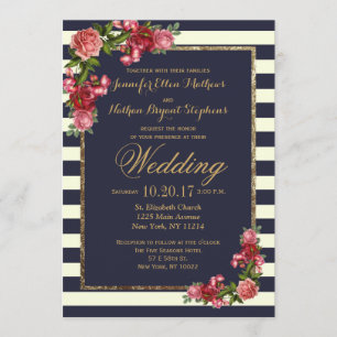 Roses Navy Stripes and Gold Wedding Invitations