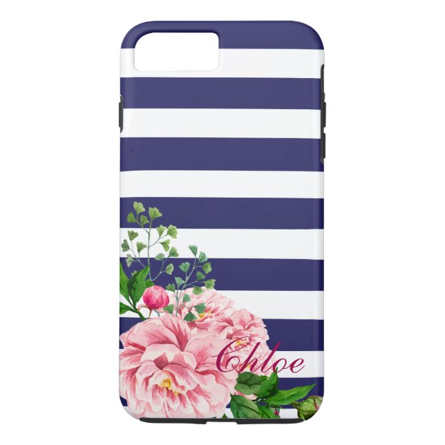 Roses Navy & White Stripes Script Typography Case-Mate iPhone Case (Back)