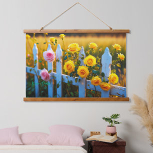 Roses on a White Picket Fence Hanging Tapestry