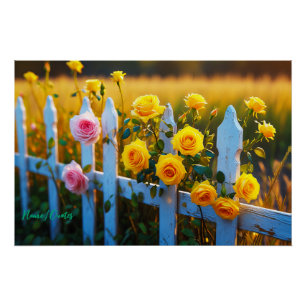 Roses on a White Picket Fence Poster