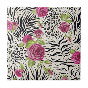 Roses On Animal Pattern Ceramic Tile
