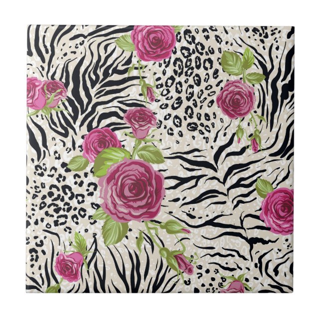 Roses On Animal Pattern Ceramic Tile (Front)