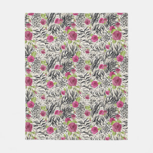 Roses On Animal Pattern Fleece Blanket