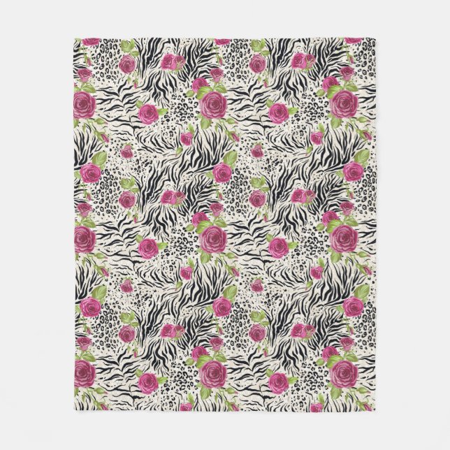 Roses On Animal Pattern Fleece Blanket (Front)